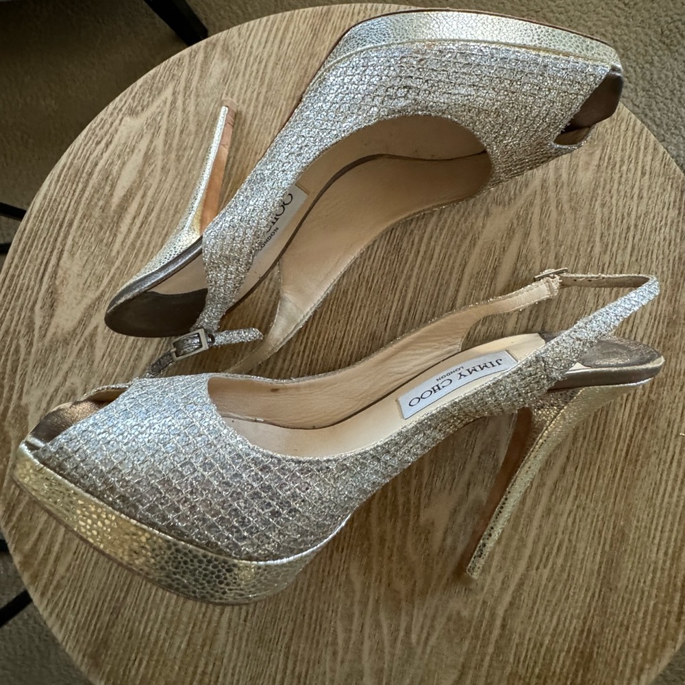 Jimmy Choo Silver Peep-Toe Heels